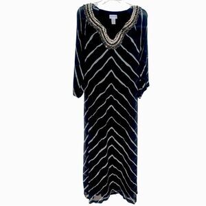 Soft Surroundings Navy Blue White Embellished Beaded Bohemian Maxi Dress Sz M